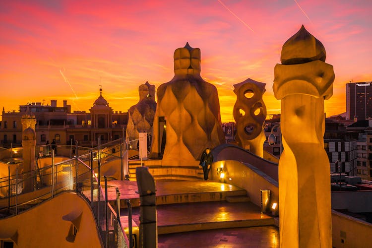 Illuminated Sculptures On The Roof Of Casa Milà Building By Antonio Gaudi, Barcelona