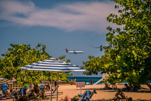 People Relaxing on a Beach with Passenger Airplane Flying over Sea
