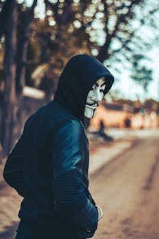 A man in a hoodie wearing a Guy Fawkes mask walks down an urban street, creating an air of mystery and intrigue.