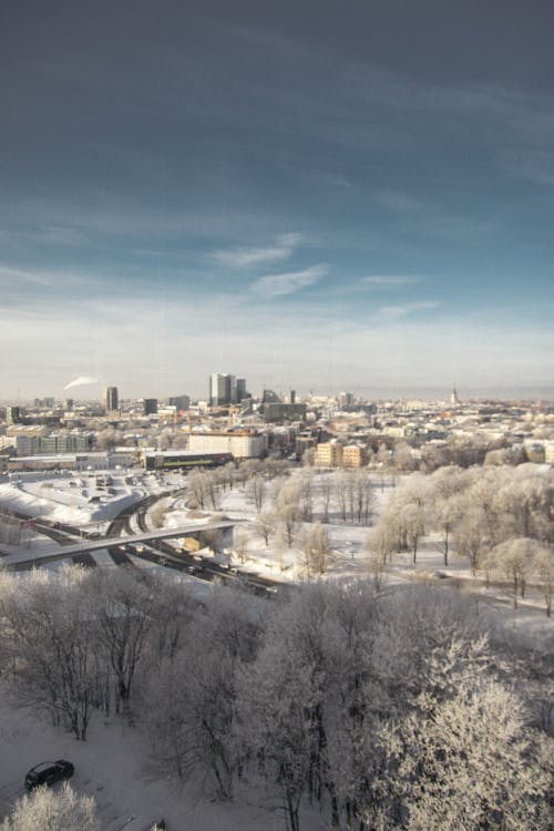 Picturesque scenery of snowy city and blue sky