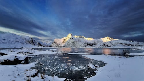 Freezing Lake Surrounded by Snow-capped Mountains