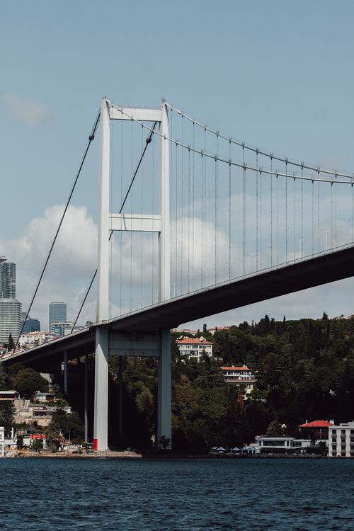 Free Panoramic view of the Bosporus Bridge spanning over the strait in Istanbul, Turkey. Stock Photo
