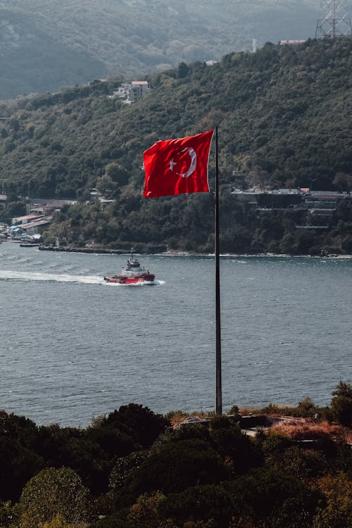 Flag of Turkey in Wind over Bosphorus Strait