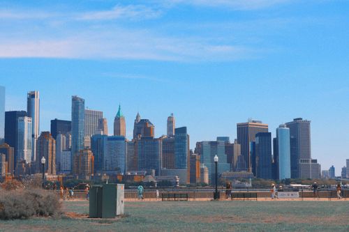 Free Scenic view of New York City skyline seen from New Jersey, showcasing modern skyscrapers on a clear day. Stock Photo