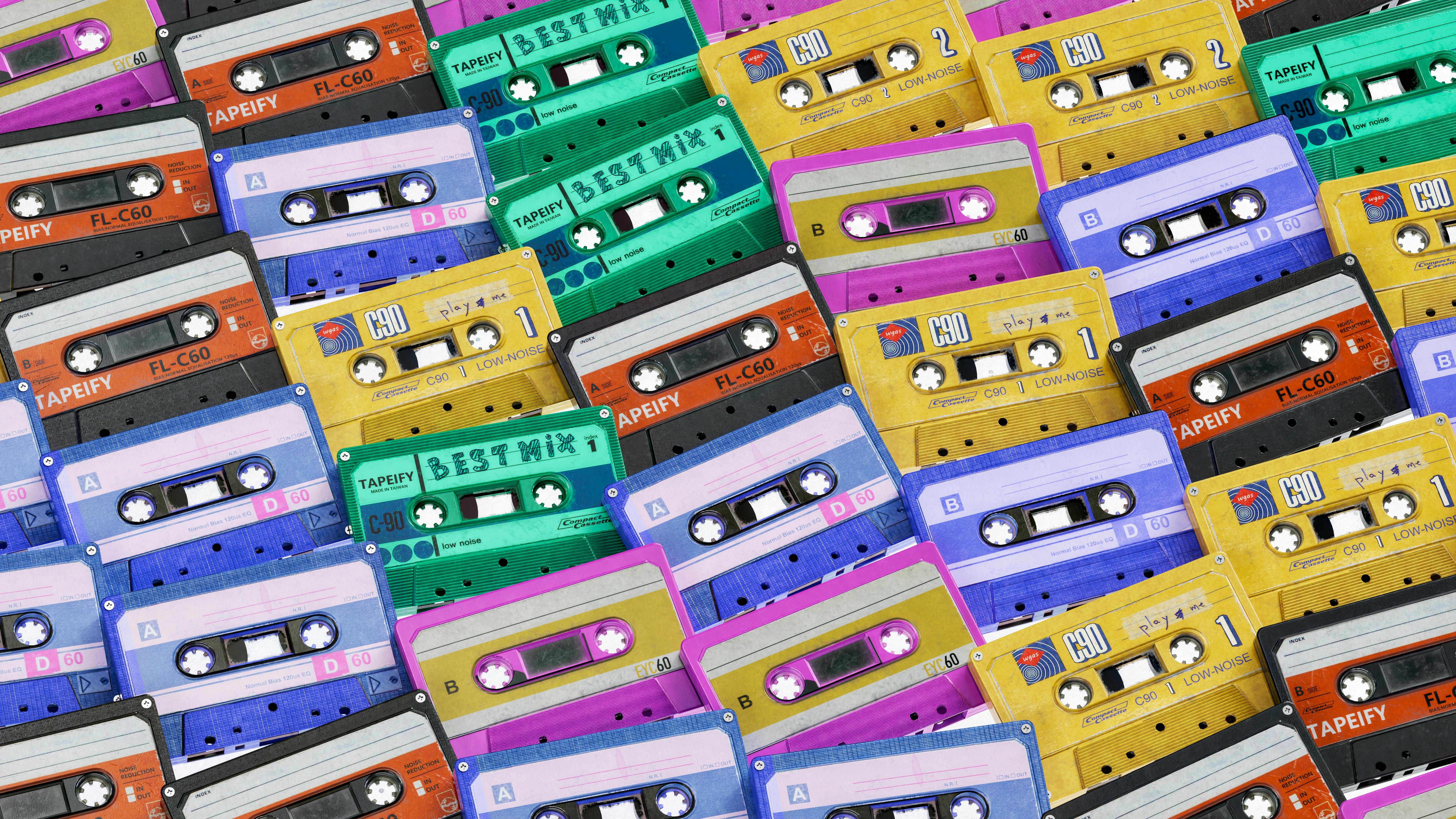 90s tape cassette colorful background