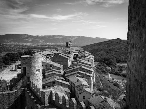 Black and White Panorama of Medieval Castle in Frias, Spain