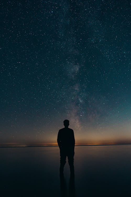 Silhouette of a Person Standing in the Water under a Starry Night Sky 