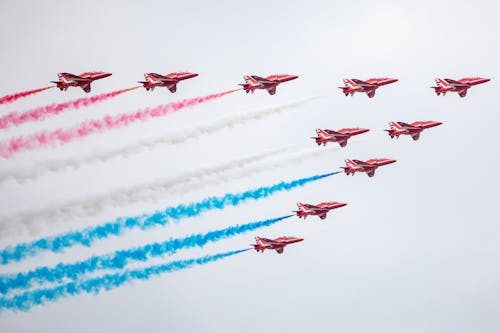 Red Arrows Hawk T1 Jets Flying in Formation Leaving Behind Colorful Smoke Trails
