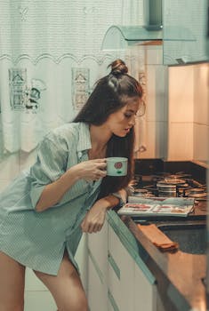 Young woman sipping coffee in a modern kitchen, enjoying a relaxed morning atmosphere.