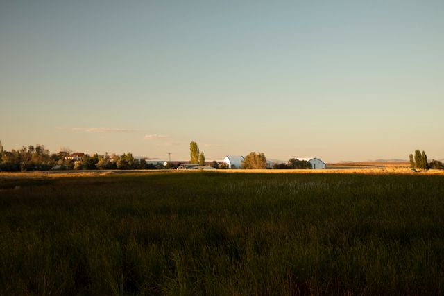 Farm buildings across an open field at dusk — photo by Orhan Pergel on Pexels
