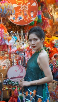 Asian woman in a vibrant market holding a traditional fan. Cultural celebration setting.