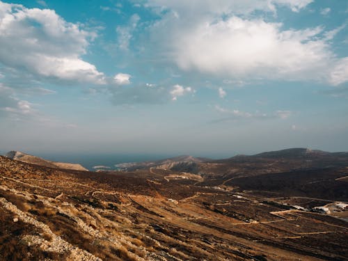 Panorama of Dried Barren Mountain Slopes and Valley