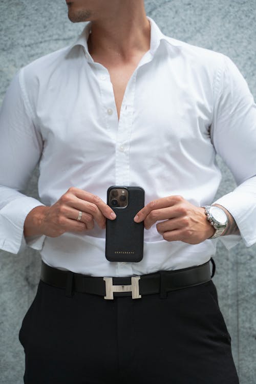 Free White Shirt Black Phone Case iPhone 15 Pro Handsome Gentleman Stock Photo