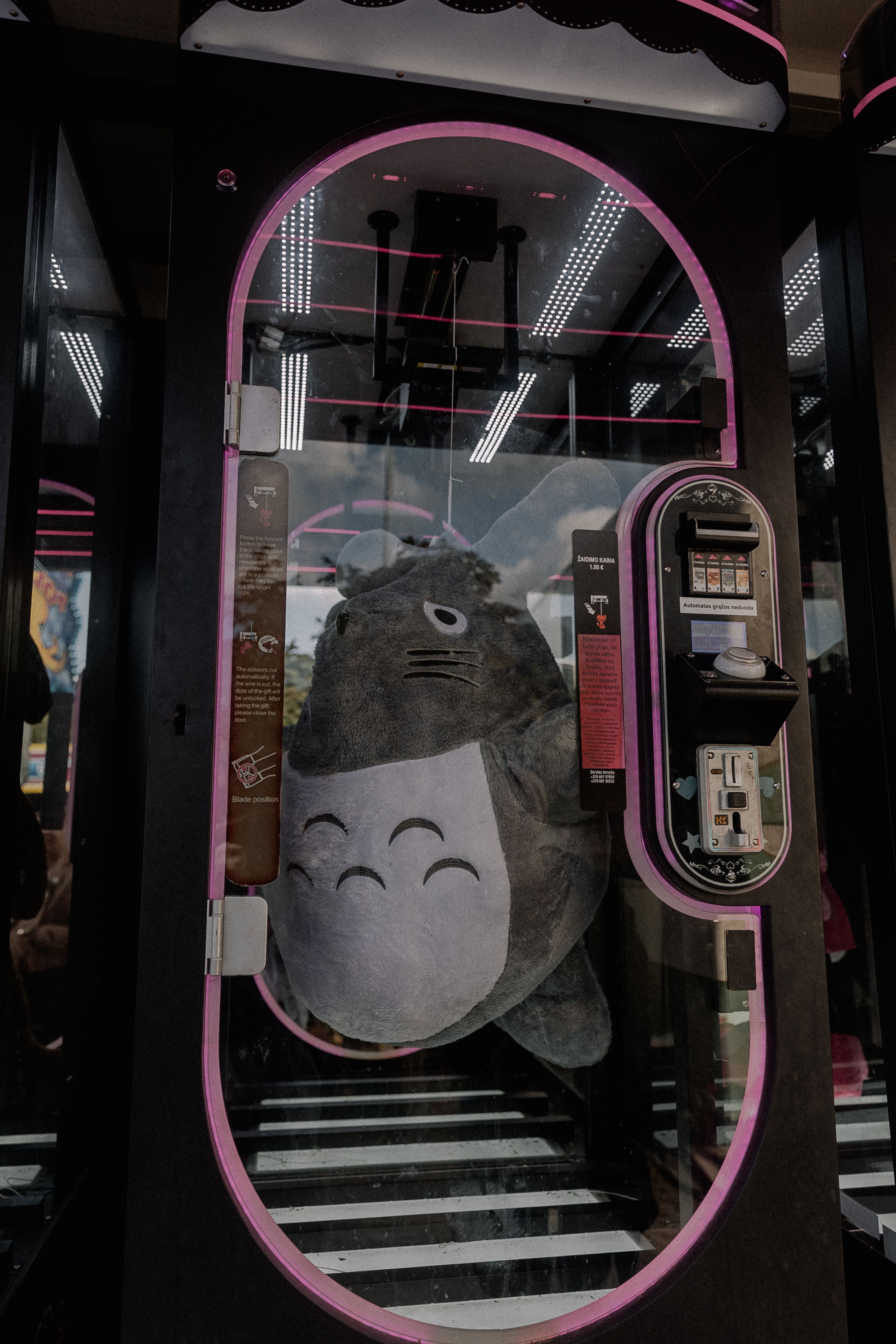 A large Totoro plush toy inside a claw machine at an arcade.