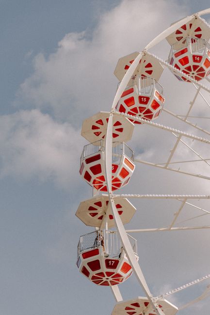 Close-up of a vibrant Ferris wheel against a clear sky, perfect for adventure themes.