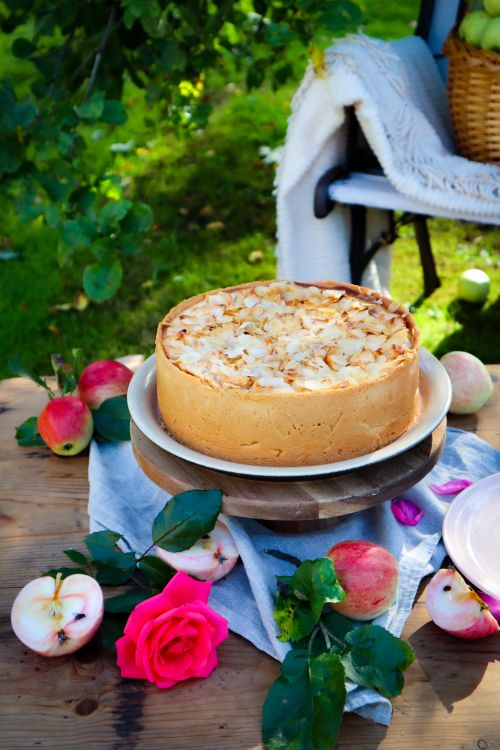 Free Delicious apple almond cake on a rustic outdoor table with apples and roses, perfect for a picnic. Stock Photo