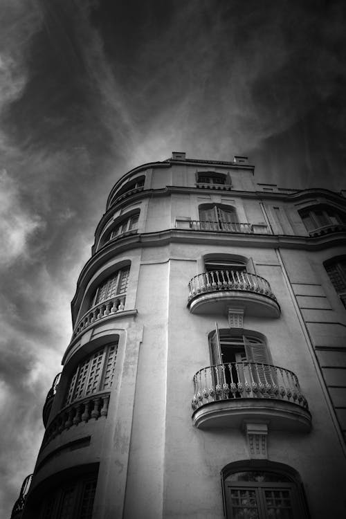 Wall of Building with Balconies in Black and White