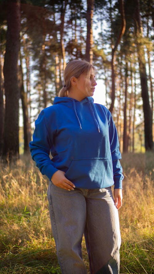 Woman in Hoodie and Wide Jeans