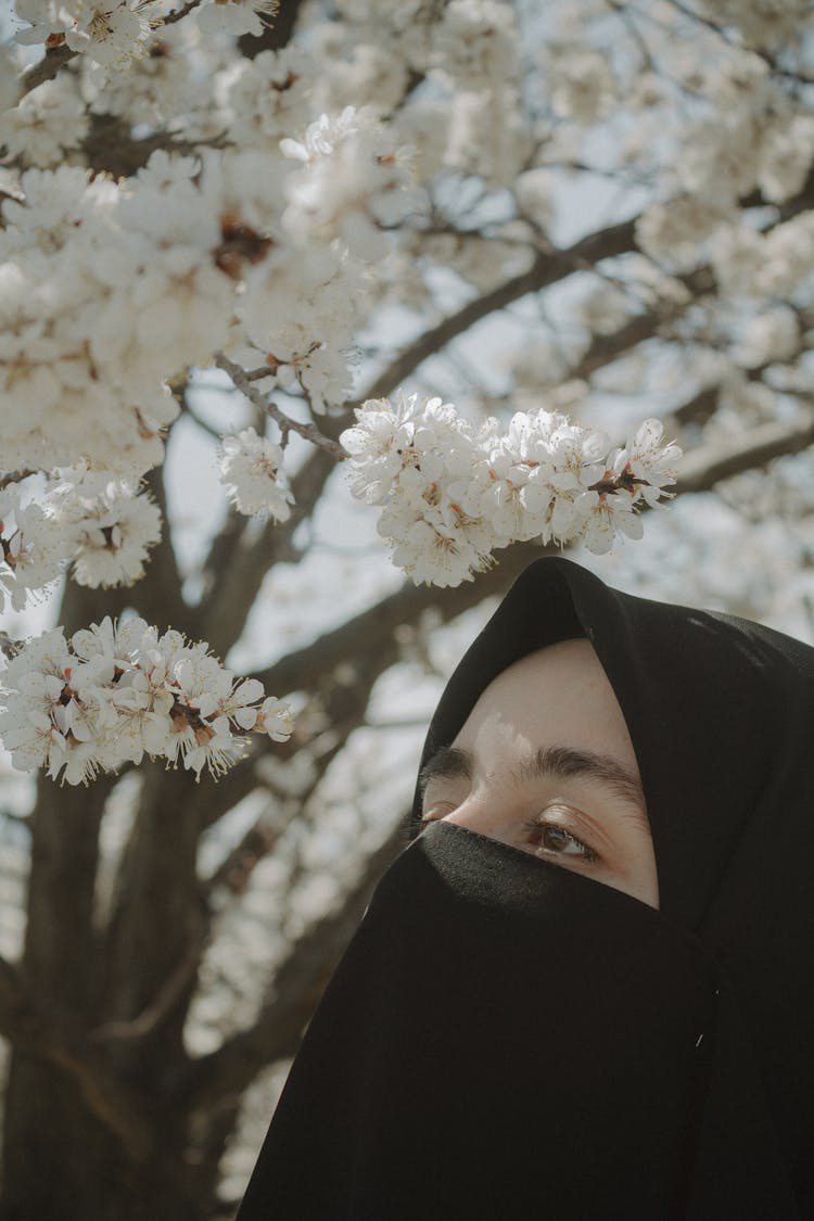 Woman In Hijab Under White, Spring Blossoms