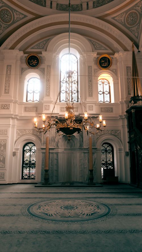 Free Stunning interior of Küçük Mecidiye Mosque in Istanbul showcasing exquisite chandeliers and Islamic architecture. Stock Photo