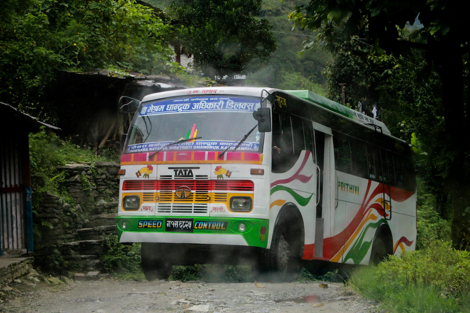 Colorful Tata bus on a rural dirt road surrounded by lush greenery.