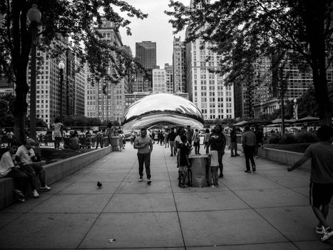 Monochrome scene of Chicago's Cloud Gate in Millennium Park with people and city skyline.