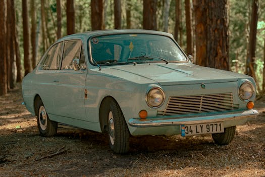 Classic mint green car parked in the forest exudes vintage charm.