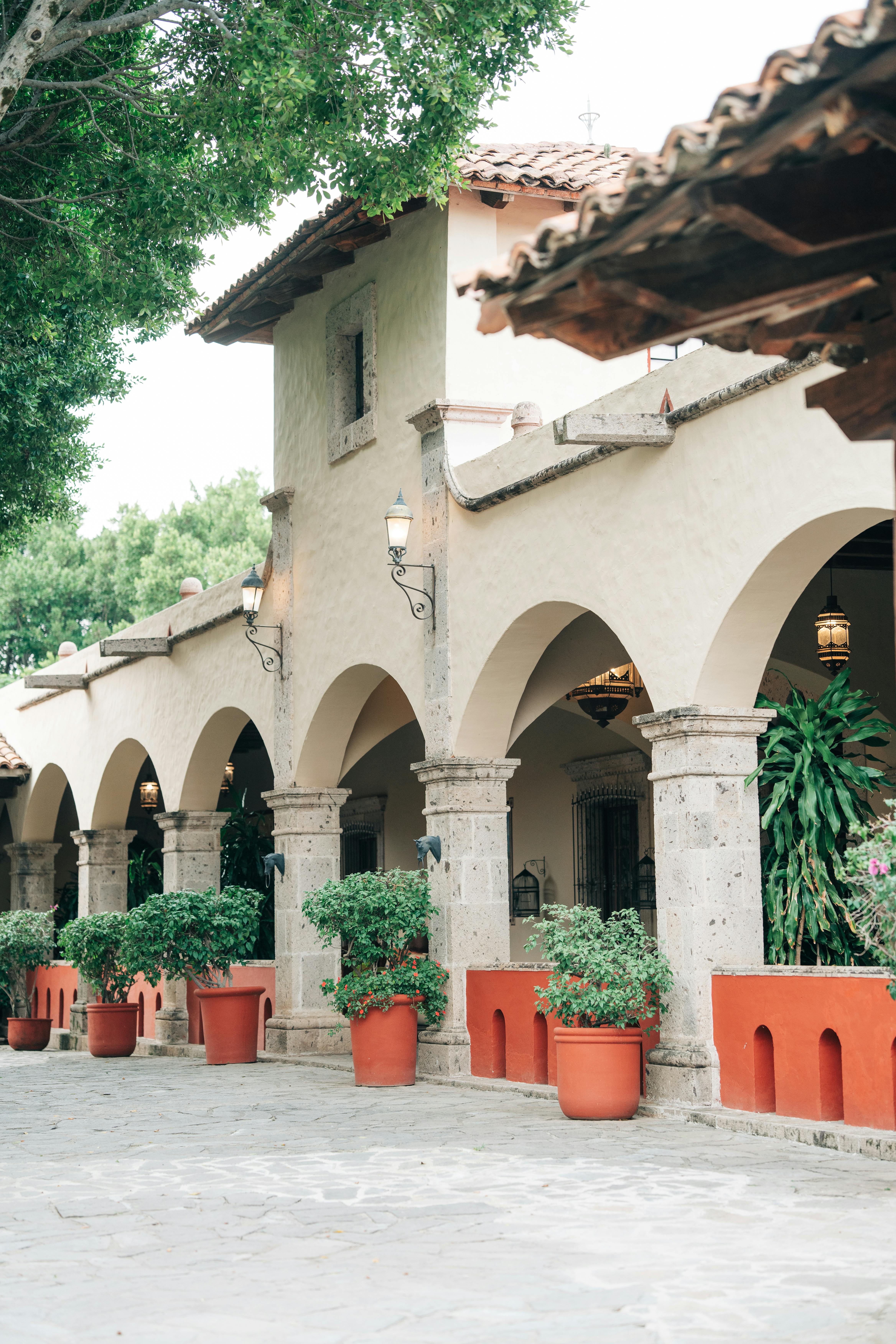 A charming Spanish-style colonnade with lush greenery in terracotta pots under a warm daylight.