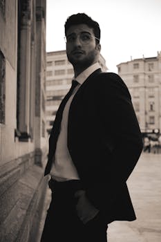 Elegant black and white portrait of a man in a suit on a street in İstanbul, Türkiye.