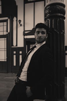 Stylish black and white portrait of a man in a suit leaning against a column indoors.