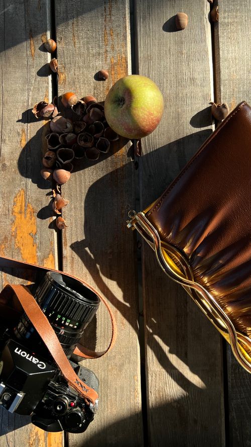 Free Artistic flat lay of an apple, a vintage camera, and a clutch on a wooden surface. Stock Photo
