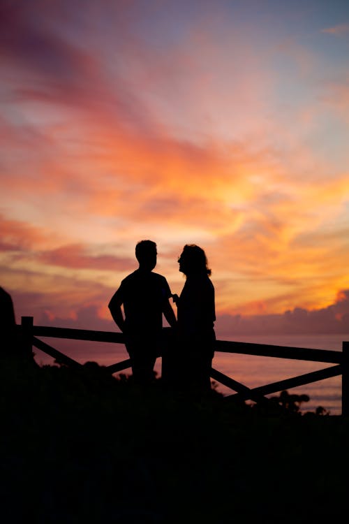 Silhouette of Couple Standing on Sea Coast at Sunset