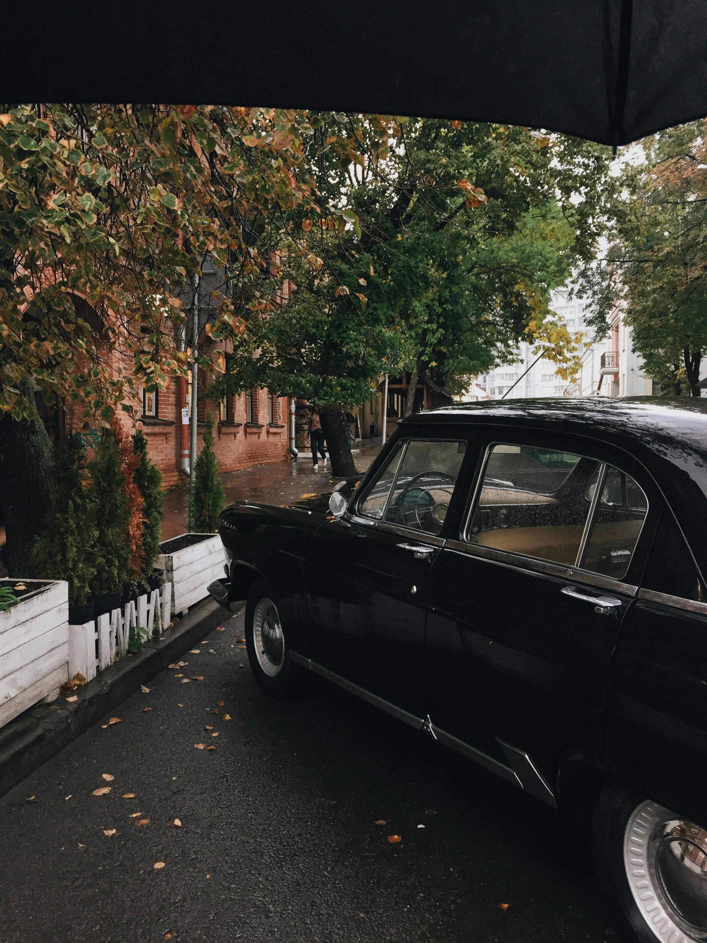 一辆经典的黑色汽车停在雨中的街道上，两旁是树木和砖砌的建筑物
