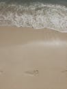 在多米尼加共和国的沙滩上，宁静的海滩场景中，温柔的海浪边留下了脚印