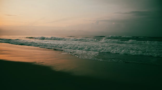 Peaceful beach at sunrise with misty waves gently rolling onto sandy shore, evoking calm and tranquility.