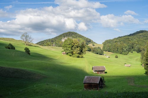 Idyllic Hill Landscape with Small Wooden Huts