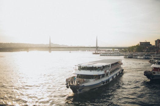 日落时分，一艘渡轮在金角号上巡航，背景中有一座桥