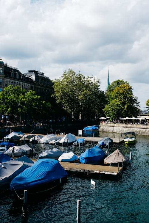 Boats under Protective Covers Moored on a River, Zurich, Switzerland