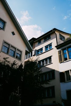 Shadowed view of classic residential buildings in Zurich, Switzerland.