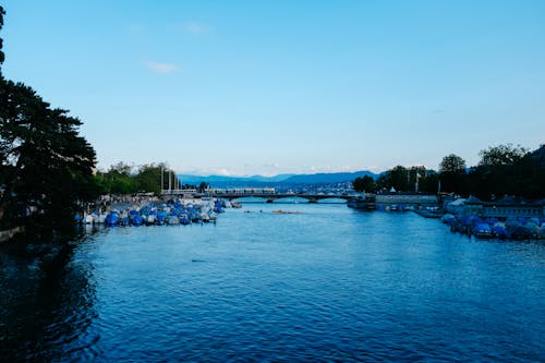 Boats Moored on Limmat River in Zurich, Switzerland