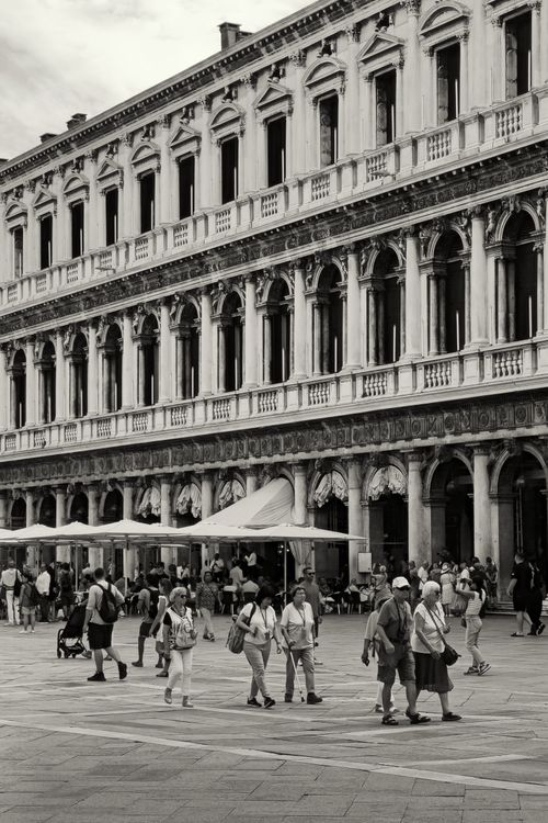 Free Black and white photo of Piazza San Marco, Venice with historic architecture and strolling tourists. Stock Photo