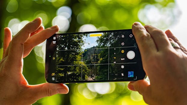 Hands holding smartphone capturing scenic view of nature in Germany outdoors.