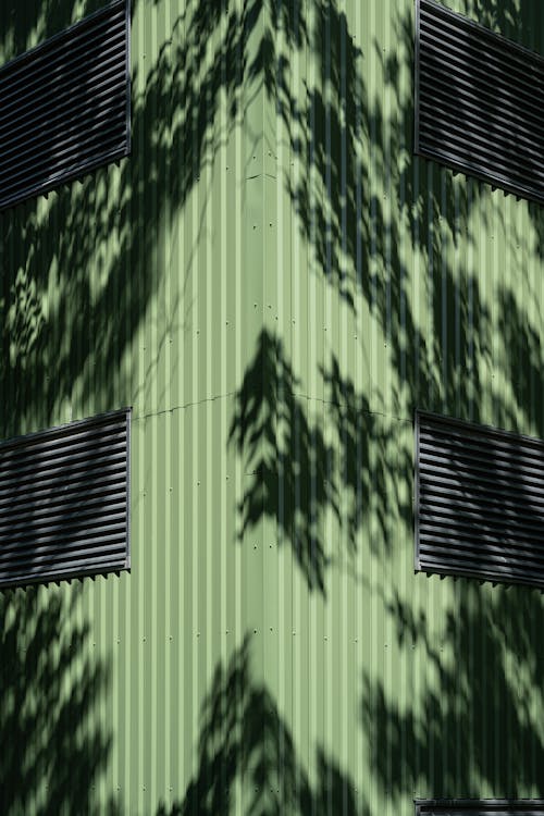 A green building with a shadow on it