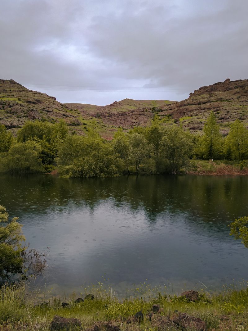 Peaceful rainy landscape in Kayseri, Türkiye showcasing lush greenery and tranquil waters