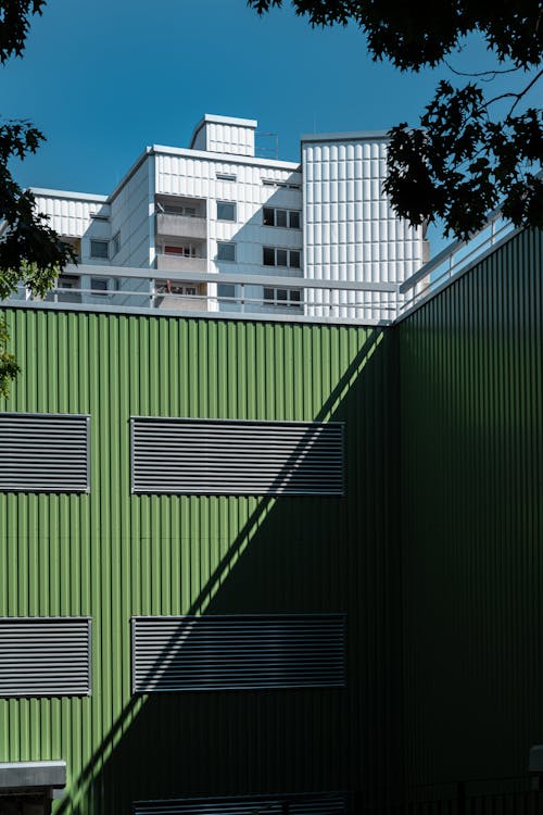 A building with green metal siding and a tree