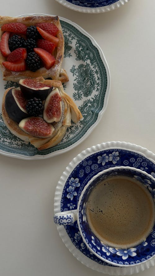 Free Pastries with Fruits and Coffee Stock Photo