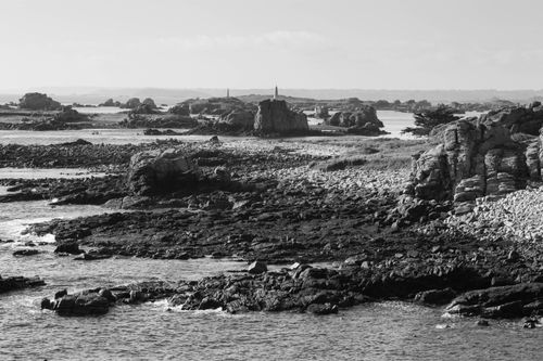 Free Monochrome view of the rocky coastline at Île-de-Bréhat, Brittany, France. Stock Photo