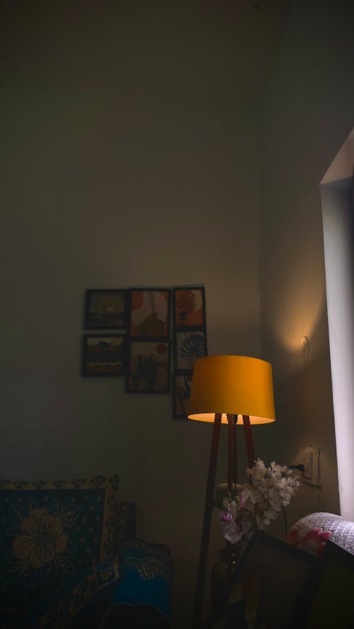Dim Lamp in a Dark Room with Embroidered Pictures on the Wall Above Old Couch