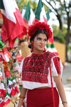 A young woman wearing traditional Mexican clothing surrounded by festive decorations outdoors.
