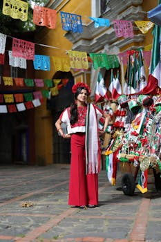 Woman in traditional Mexican attire poses outdoors during a vibrant cultural celebration.